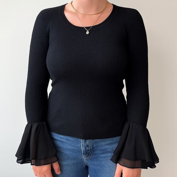 Neiman Marcus Cashmere Collection Bell Sleeve Black Silk Trim Sweater Large - Picture 1 of 11